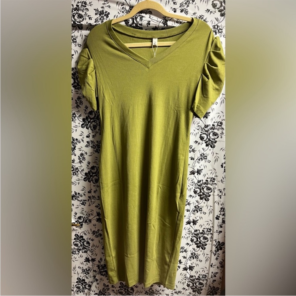 Moyabo clothing co Fall Green Small Dress With Ruffled Shoulders NWT